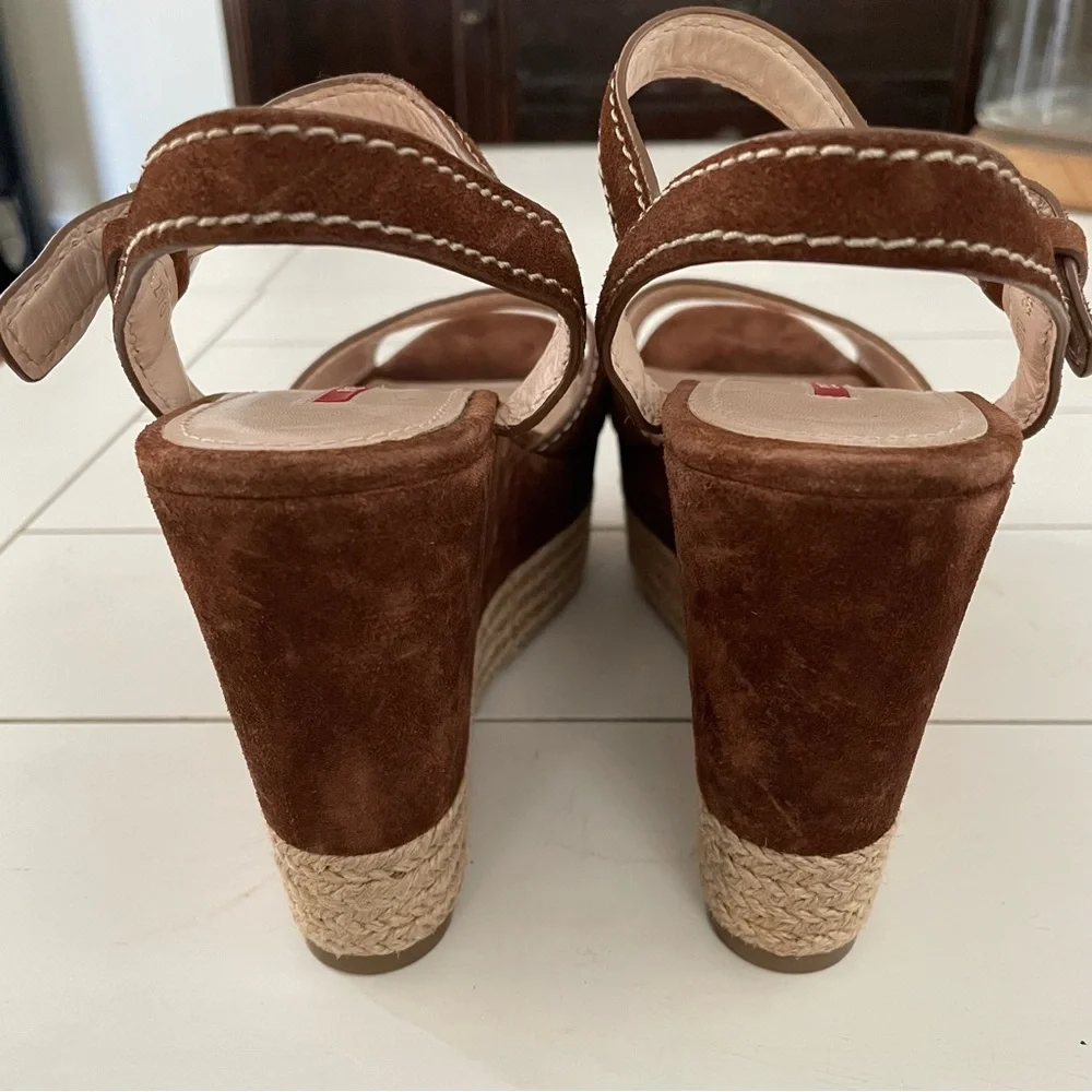 PRADA 3XZ170 Suede Platform Wedge Sandals Brown Espadrille Ankle Strap Size 36.5